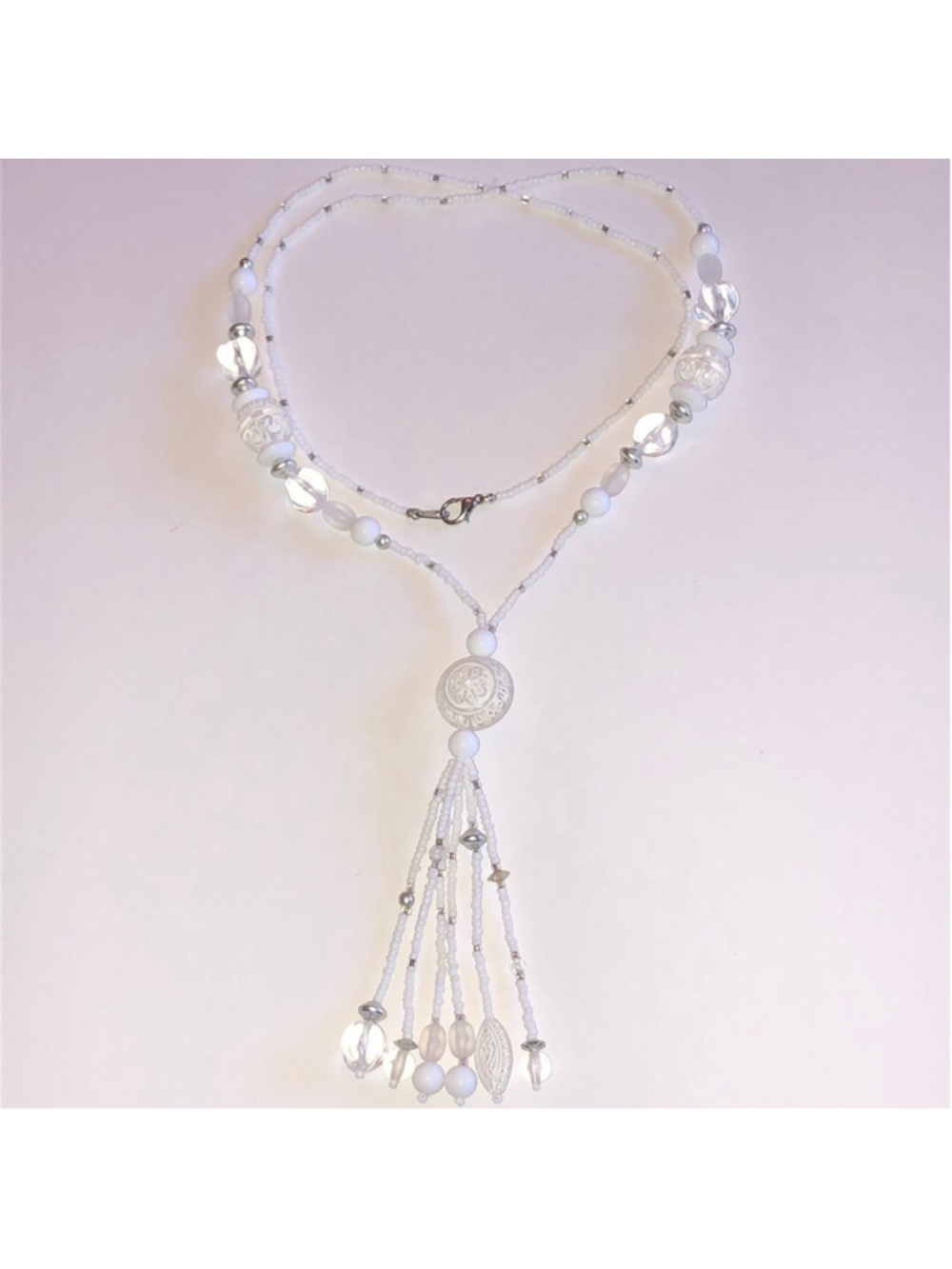 Elegant White Beaded Fringe Tassel Boho Necklace